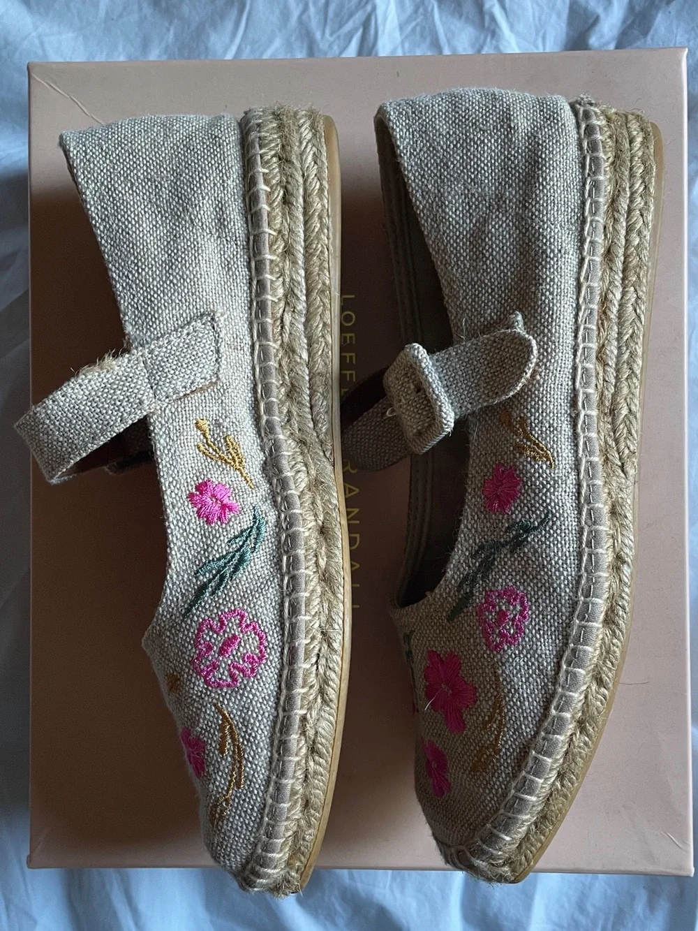 Naguisa Espadrille Mary Jane Flats with Pink Floral Embroidery